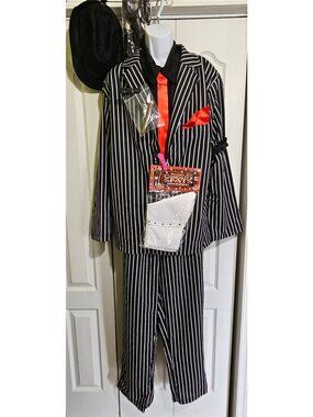 Mob Boss Gangster Costume Mens Pinstripe Suit Fedora Hat Spats Tie 20s Cigar LG